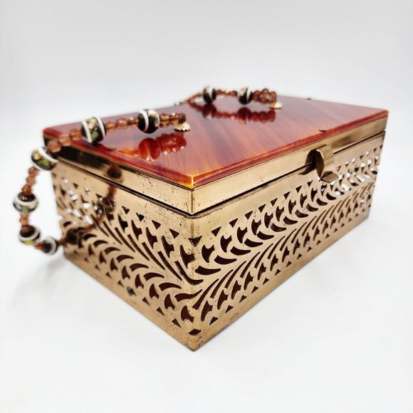 Vintage 1950's Tortoiseshell Amber Color Lucite Brass Filigree Box Purse Beaded - Picture 1 of 13